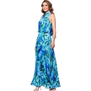 Xscape Halter Mock Neck Floral Printed Chiffon Turquoise Navy Blue Gown Size 6